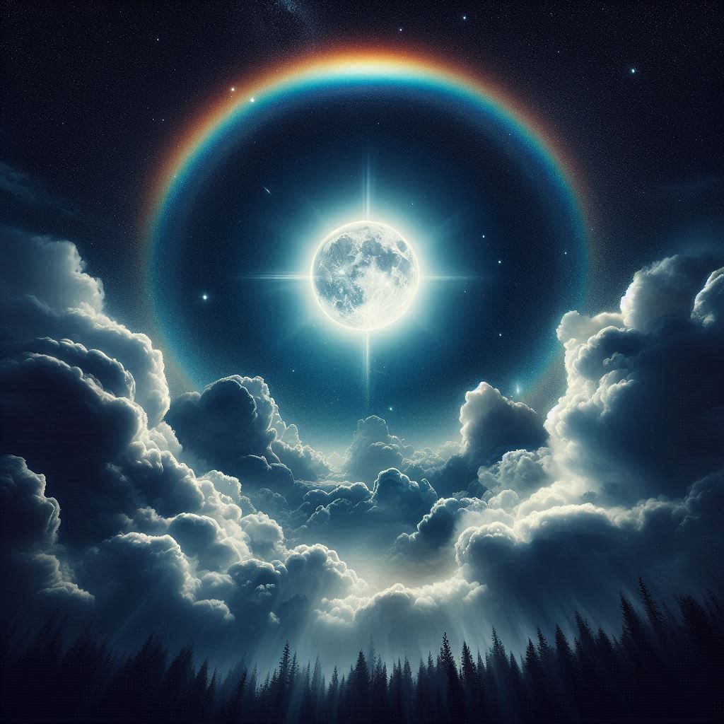 Imagen de la luna con un halo de arcoíris